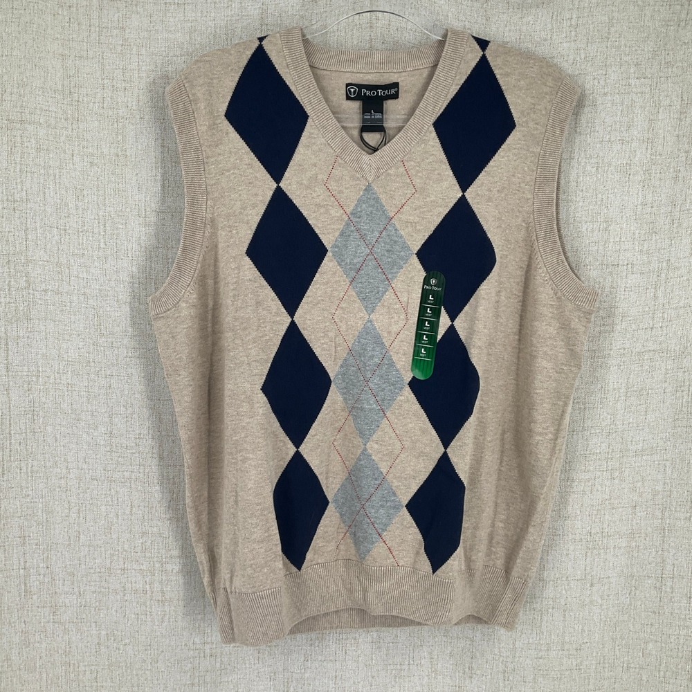 Pro Tour Sweater Vest MEN Large Beige Cotton Argyle V-Neck‎ Classic Preppy NEW